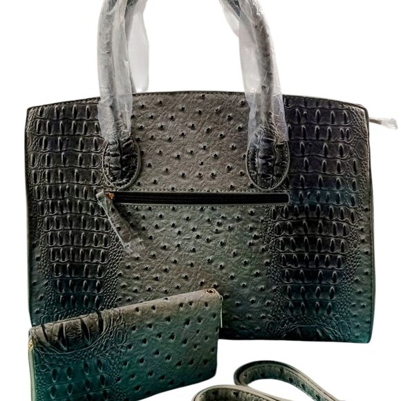 Luxury Vegan Leather Designer Ostrich Print Work Bag w Wallet - Picture 3 of 7